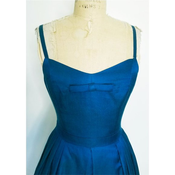 Banana Republic Womens Teal Retro Cocktail Dress with Straps Silk Pleats  NWT - Picture 2 of 10